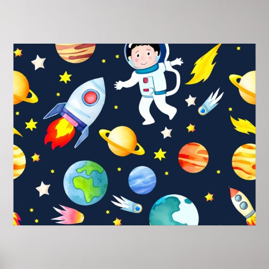 Astronaut in Space Planets and Rockets Pattern Poster (Voorkant)