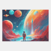 Astronaut Jongens Verjaardag Raket Buitenruimte 3 Inpakpapier Vel (Voorkant)