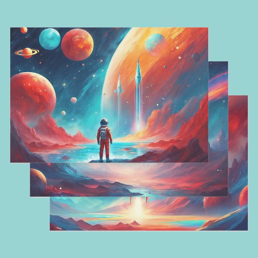 Astronaut Jongens Verjaardag Raket Buitenruimte 3 Inpakpapier Vel