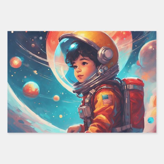 Astronaut jongens verjaardag raket lancering 3 inpakpapier vel (Voorkant)