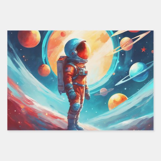 Astronaut jongens verjaardag raket ruimteschip 3 inpakpapier vel (Voorkant)