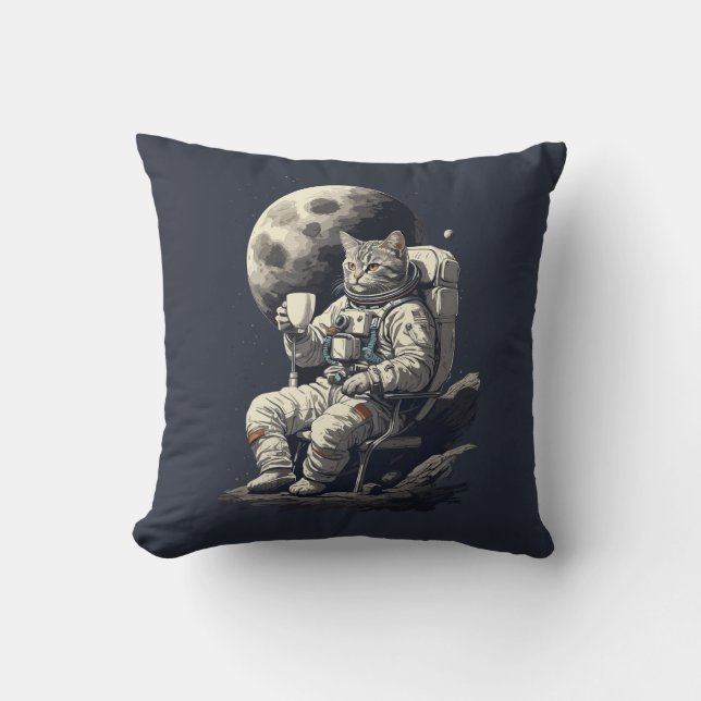 Astronaut Kat Met Kopje Koffie Kussen (Voorkant)