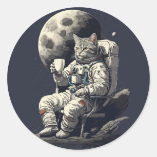 Astronaut Kat Met Kopje Koffie Ronde Sticker