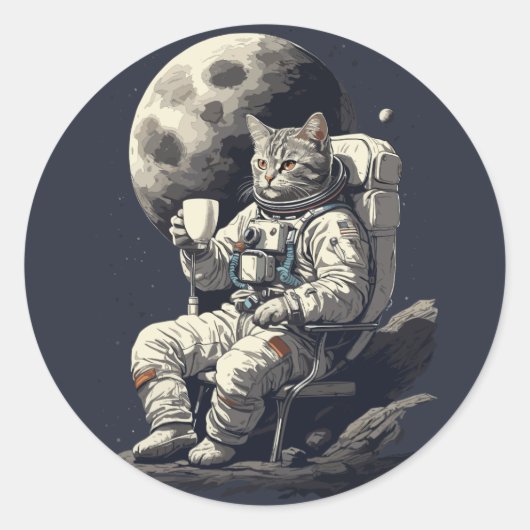 Astronaut Kat Met Kopje Koffie Ronde Sticker (Voorkant)
