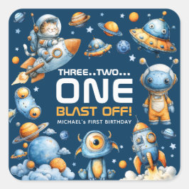 Astronaut Kat Ruimteraket Vertrekt 1e Verjaardag Vierkante Sticker
