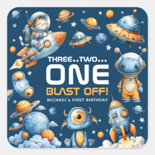 Astronaut Kat Ruimteraket Vertrekt 1e Verjaardag Vierkante Sticker