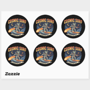 Astronaut Kat Surft op komische golven Ronde Sticker