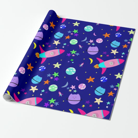 astronaut katteschip sterrenstelsel cadeaupapier (Uitgerold)