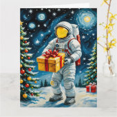 Astronaut Kerstviering Kaart (Gele Bloem)