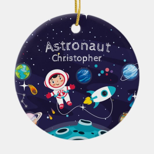 Astronaut kind op de maan, monogramme naam keramisch ornament (Voorkant)