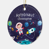 Astronaut kind op de maan, monogramme naam keramisch ornament (Links)