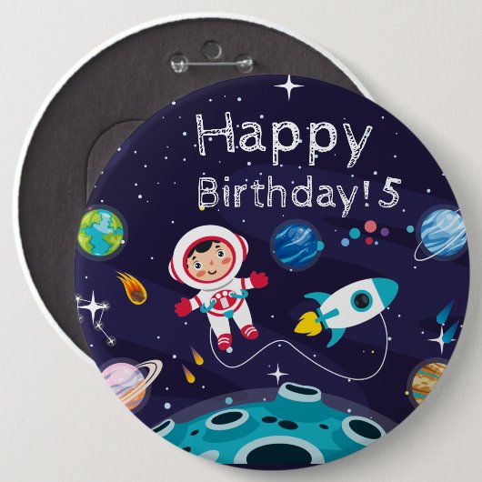 Astronaut kind op de maan, naam in monogram ronde button 6,0 cm (Voorkant /achterkant)