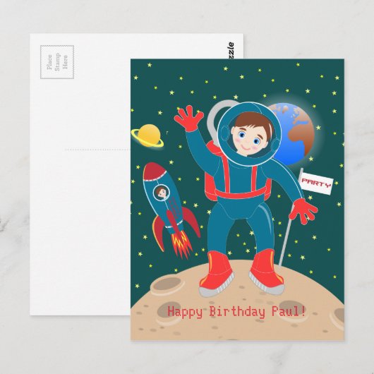 Astronaut kind op het verjaardagsfeestje van de ma briefkaart (Voorkant / Achterkant)