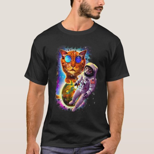 Astronaut Kosmische Kat Ruimte Galaxy Rainbow Gala T-shirt (Voorkant)