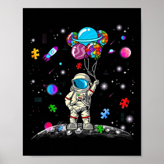 Astronaut Lloon Puzzel Ruimte Autisme Bewustzijn V Poster (Voorkant)