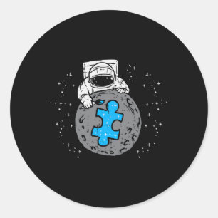 Astronaut Maan Blauwe Puzzelstuk Autisme Bewustzij Ronde Sticker