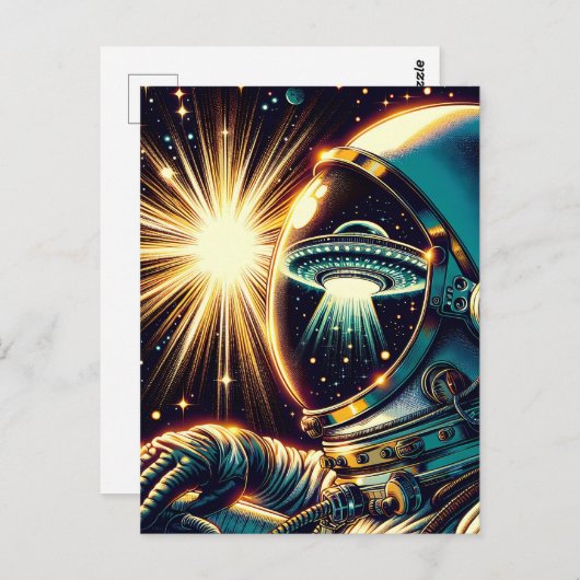Astronaut met een reflectie van een ufo briefkaart (Voorkant / Achterkant)