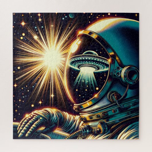 Astronaut met een reflectie van een ufo legpuzzel (Verticaal)