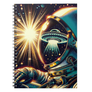 Astronaut met een reflectie van een ufo notitieboek