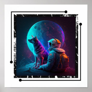 Astronaut met hond in de ruimte, Neon Design Art Poster