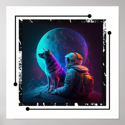 Astronaut met hond in de ruimte, Neon Design Art Poster (Voorkant)