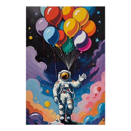 Astronaut met kleurrijke ballonnen in de ruimte perfect poster (Voorkant)