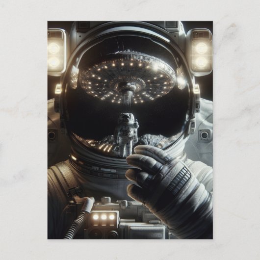 Astronaut met reflectie van UFO Briefkaart (Voorkant)