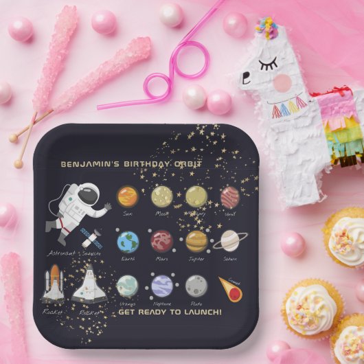 Astronaut Monogram Typografie Zonnestelsel Kinder Papieren Bordje (Feest)