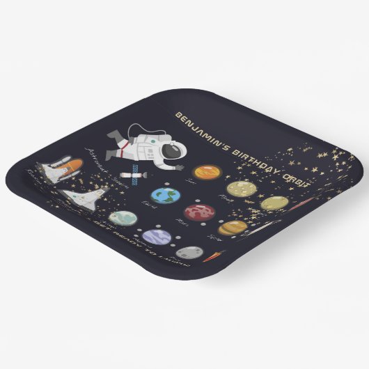 Astronaut Monogram Typografie Zonnestelsel Kinder Papieren Bordje (Gebogen)