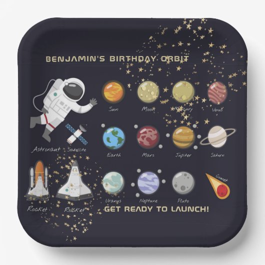 Astronaut Monogram Typografie Zonnestelsel Kinder Papieren Bordje (Voorkant)