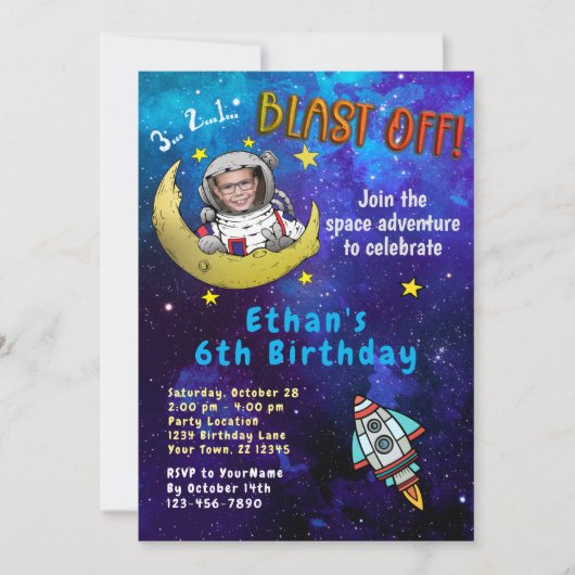Astronaut & Moon Foto Birthday Party Invitation Kaart (Voorkant)