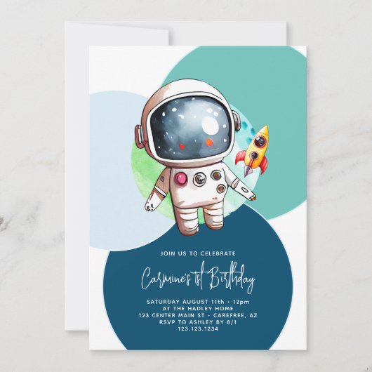 Astronaut Moon Rocket Blue 1e verjaardag Kaart (Voorkant)