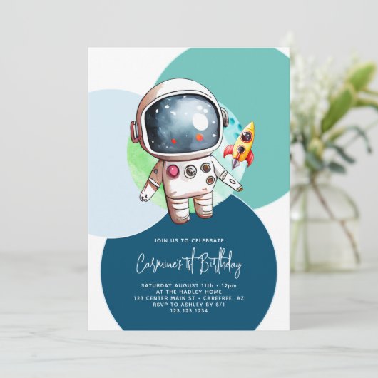 Astronaut Moon Rocket Blue 1e verjaardag Kaart (Staand voorkant)