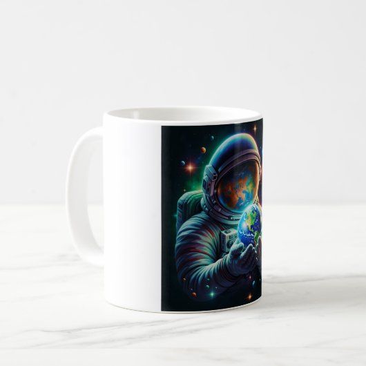 Astronaut omarmt de planeet koffiemok (Voorkant links)