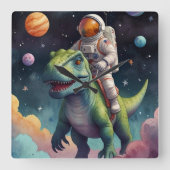 Astronaut on Dino in Space Vierkante Klok (Voorkant)