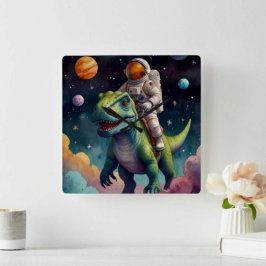 Astronaut on Dino in Space Vierkante Klok