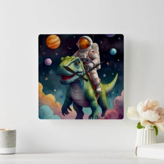 Astronaut on Dino in Space Vierkante Klok