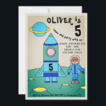 Astronaut on Moon Rocket Kids Birthday Party Kaart<br><div class="desc">Astronaut on Moon Rocket Kids Birthday Party Invitation. Deze uitnodiging met een astronaut en zijn raket op een planeet. De jongen zit in een blauw astronautenpak en de blauwe raket heeft het leeftijdscijfer. De jongen astronaut maakt dit geweldig als een feestelijke uitnodiging voor de verjaardag van een jongen.</div>