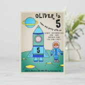 Astronaut on Moon Rocket Kids Birthday Party Kaart (Staand voorkant)