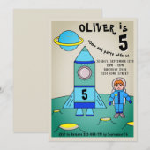 Astronaut on Moon Rocket Kids Birthday Party Kaart (Voorkant / Achterkant)