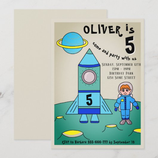 Astronaut on Moon Rocket Kids Birthday Party Kaart (Voorkant / Achterkant)