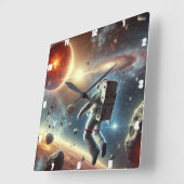 Astronaut onderzoekt de ruimte vierkante klok (Hoek)