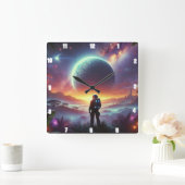 Astronaut onderzoekt een levendig buitenaards kosm vierkante klok (Huis)