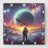 Astronaut onderzoekt een levendig buitenaards kosm vierkante klok (Voorkant)