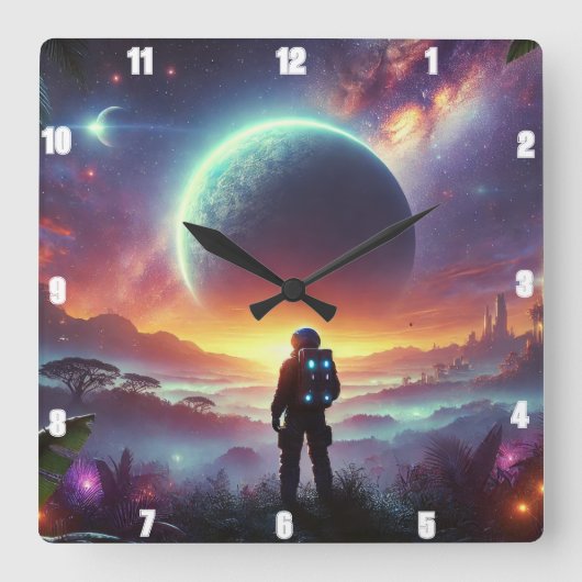 Astronaut onderzoekt een levendig buitenaards kosm vierkante klok (Voorkant)