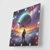 Astronaut onderzoekt een levendig buitenaards kosm vierkante klok (Hoek)