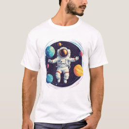 Astronaut onderzoekt kleurrijk zonnestelsel t-shirt