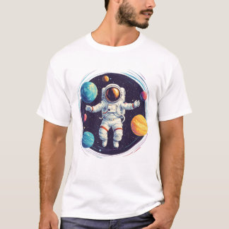 Astronaut onderzoekt kleurrijk zonnestelsel t-shirt