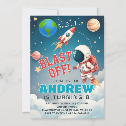 Astronaut ontploft van verjaardagsfeest in de ruim kaart (Voorkant)