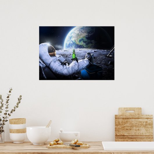 Astronaut op de maan met bier - poster (Keuken)